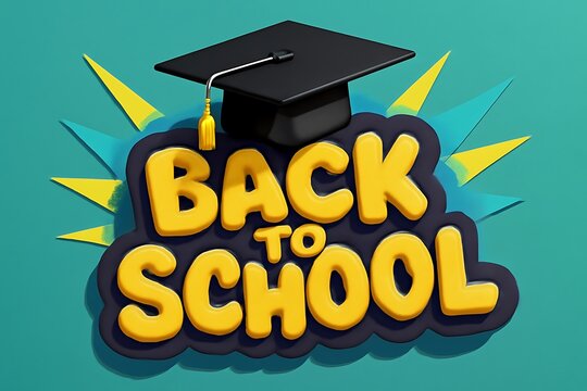 Bright yellow back to school text with graduation cap and dynamic rays on a teal background