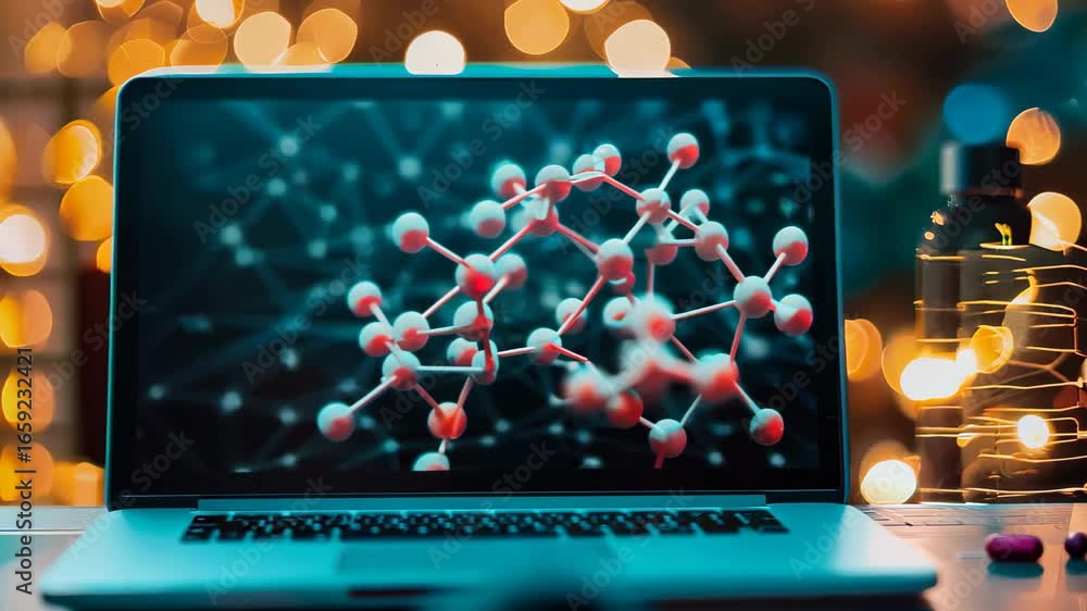 Poster a visually striking laptop screen displays a molecular structure over a soft bokeh background, illus