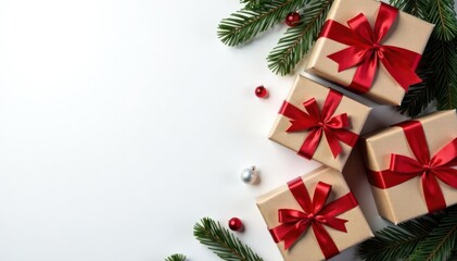 Christmas presents arranged with pine, red & silver decorations White background, top border of gift boxes , top border, decoration