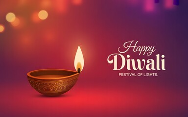 Lit Diya and Happy Diwali Festival of Lights text on gradient background india hindu