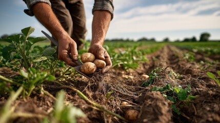 Fototapeta premium Farmer harvesting potatoes from the ground in field 