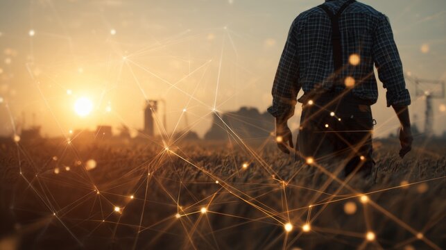 Farmer in golden wheat field with glowing connections and data points, symbolizing technology role in farming  - Powered by Adobe