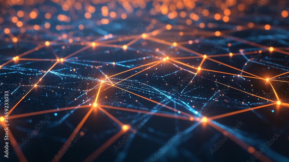 Poster abstract technology background with glowing nodes and interconnected lines