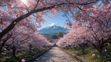 Sakura Landscape, blooming cherry blossom trees under clear blue sky, pink petals drifting in breeze, rolling hills and serene scenery, vibrant and peaceful nature view.