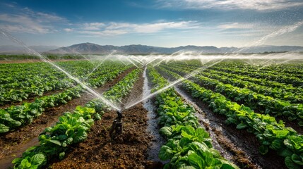 Large field of vegetables being irrigated by sprinklers under sky  