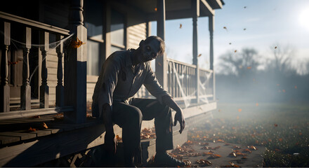Fototapeta premium Realistic 3D Zombie Sitting on an Abandoned Porc
