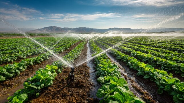 Large field of vegetables being irrigated by sprinklers under sky  