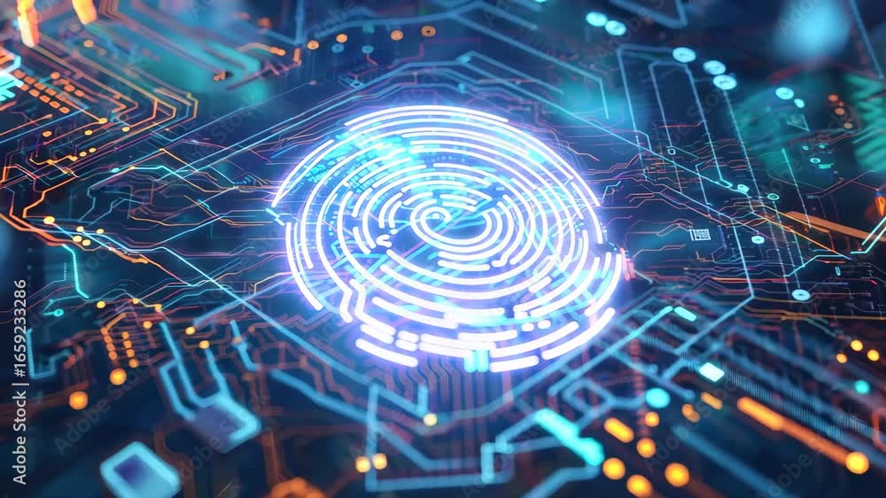 Poster a vibrant digital representation illustrating a fingerprint integrated with circuitry, depicting adv