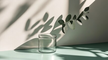 Empty glass jar, eucalyptus branch, sunlight shadows