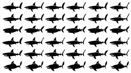 A pattern of black shark silhouettes arranged in rows and columns on a white background surface view