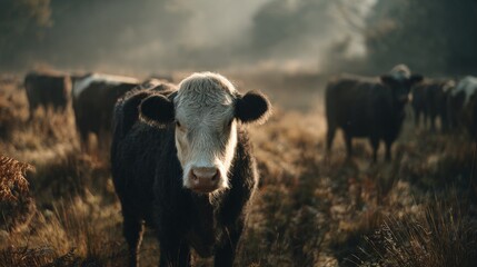 Fototapeta premium Cow standing in pasture with herd in soft morning light 