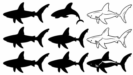 Illustration showing a set of sharks in various styles including silhouette and outline drawings of sharks