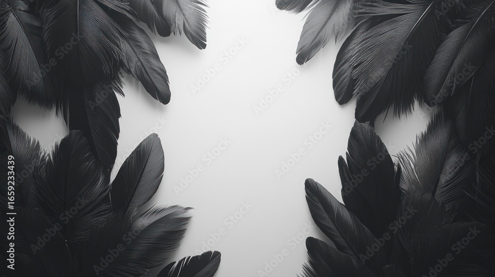 Poster Dark feathers arranged symmetrically on a light background