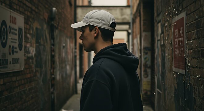 Young man in a black hoodie and cap walking thoughtfully through a narrow, gritty urban alleyway. - Powered by Adobe