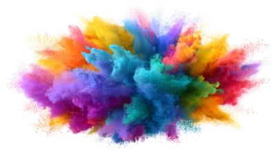 Colorful powder explosion with bright particles on white background