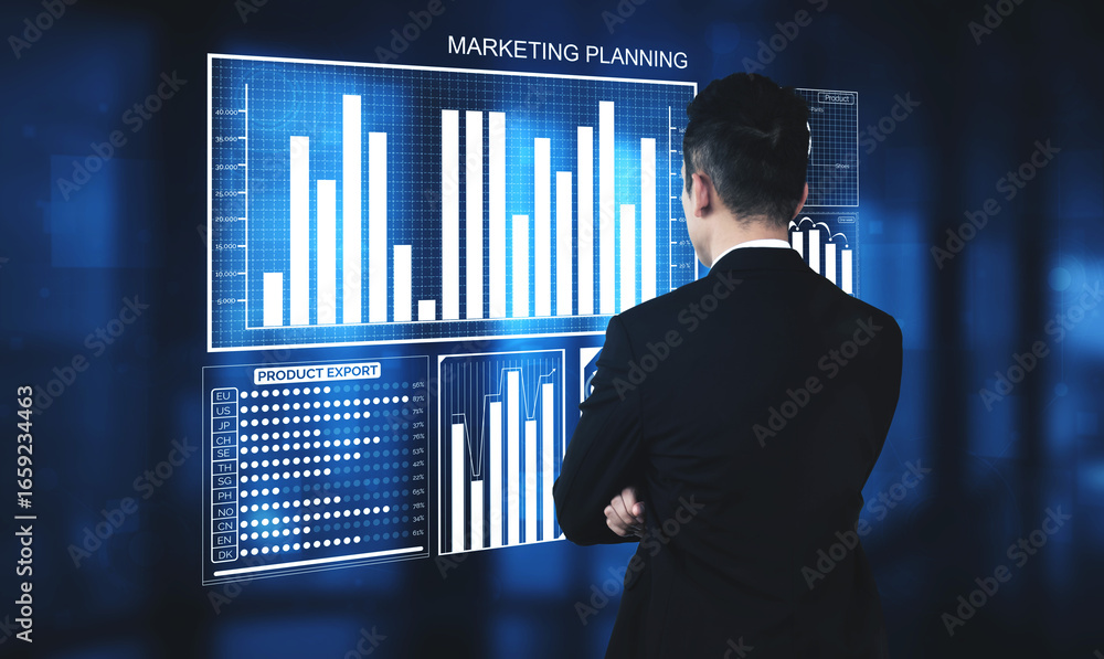 Poster a business professional stands in front of digital screens displaying charts and graphs, focused on 