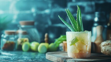 Refreshing aloe vera drink in a frosted glass