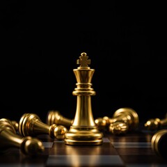 Golden king chess piece victorious over fallen pieces on dark chessboard