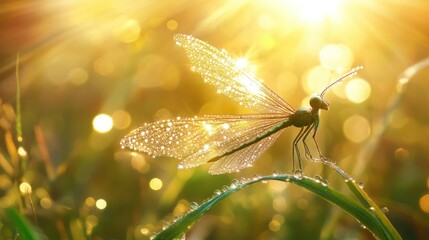 Dew-kissed dragonfly in golden sunrise