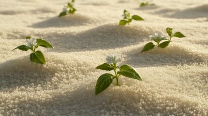 Tiny plants sprout in a desert of beige