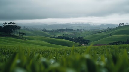 Rolling Hills, Green Fields, Cloudy Sky