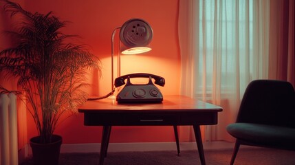 Retro Phone Lamp on a Table in a Room