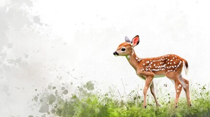 Watercolor fawn in a grassy field, delicate and serene