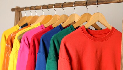 Obraz premium Colorful clothes on wooden hangers
