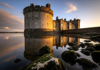 Majestic Ancient Gothic Stone Castle by the River at Golden Hour