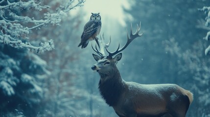Majestic stag and owl in snowy forest