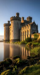 Majestic Ancient Gothic Stone Castle by the River at Golden Hour