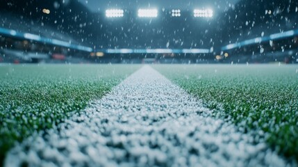 Snowy football field under stadium lights