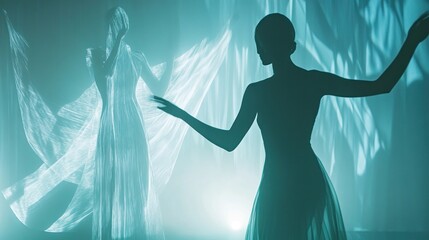 Silhouetted ballerina, ethereal light, flowing fabric
