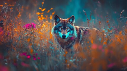 Wolf in vibrant meadow