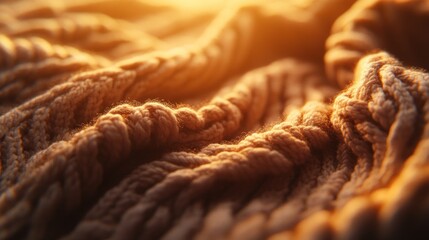 Close-up of textured knitted fabric, warm tones, sunlit