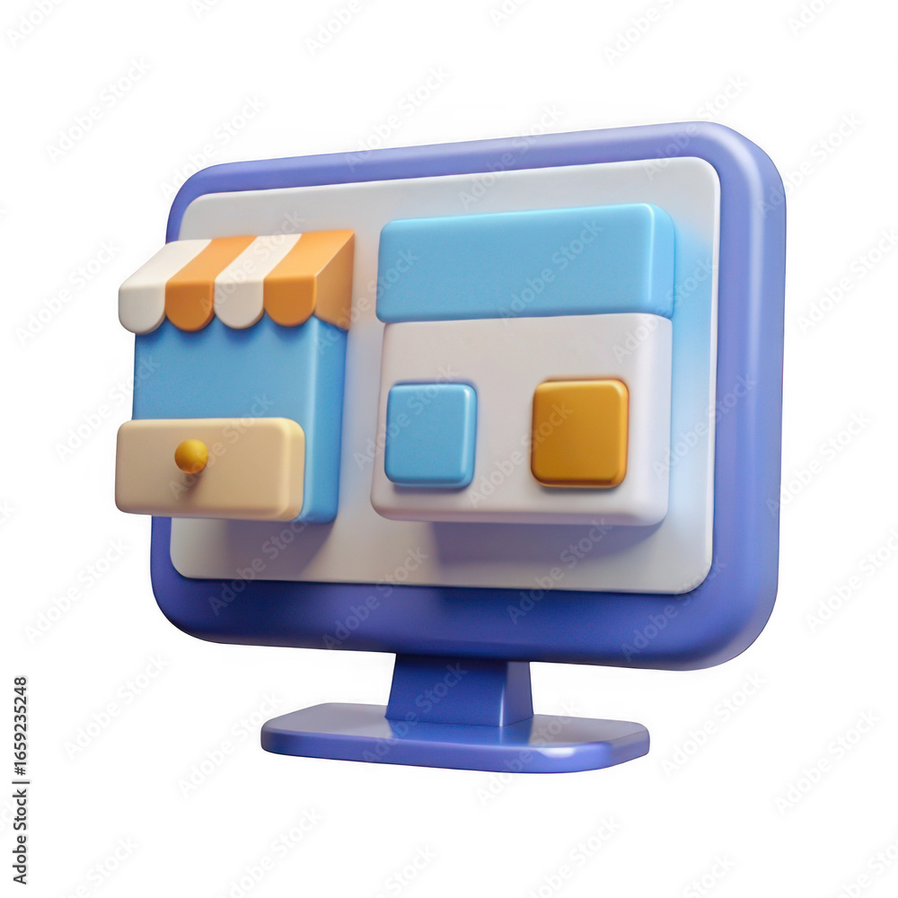 Poster 3d online storefront on computer monitor isolated on transparent background