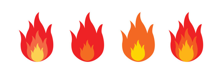Vector fire flame icon set with burning symbols, fireball signs, campfire and bonfire flame illustration.