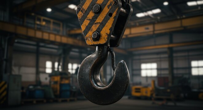 A heavy-duty, weathered hook with yellow and black stripes hangs in a blurred industrial warehouse filled with machinery and equipment