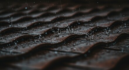Close-up view of rain drops on dark brown corrugated roofing