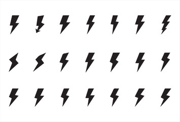 Set of simple black silhouette thunderbolt icons with unique geometric styles. Ideal for use in technology, energy, weather, or electrical hazard theme