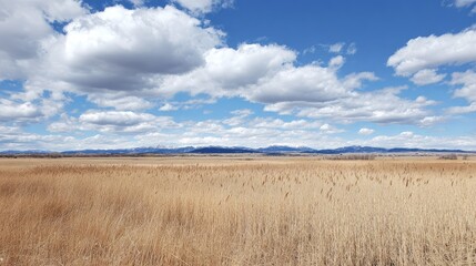 Expansive field of tall grasses under a partly cloudy sky.