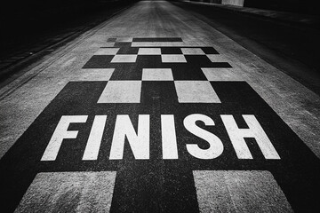 Black and white image finish line on asphalt road symbolizing accomplishment