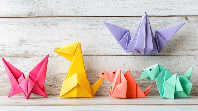 A coloring book accompanied by origami animals, adding a whimsical touch to the composition