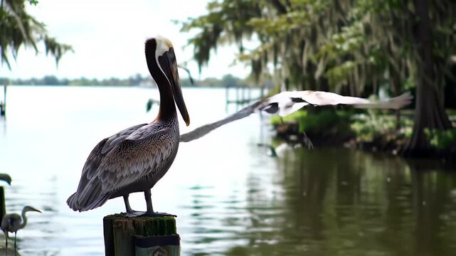 Tranquil Scene of Brown Pelican Resting on Wooden Post with Great Blue Heron Spreading Wings Near Calm Lake and Lush Green Trees in Bright Daylight Perfect for Decoration