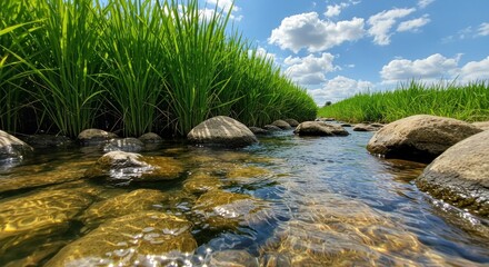 Stream flows through tall green grass, revealing rocks and clear water under a partly cloudy blue sky