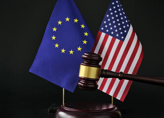 European Union and United States flags with gavel representing international law and cooperation