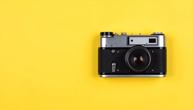 Vintage camera on a bright yellow background, a classic piece of equipment for capturing memories and moments