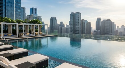 Fototapeta premium Luxurious Rooftop Infinity Pool with Panoramic City Skyline View at Sunset, Modern Urban Resort Architecture and Design