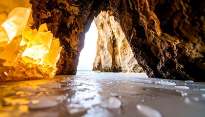 Cave entrance with crystals and ice
