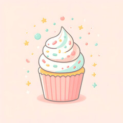 Cute Cupcake Illustration – Sweet Dessert with Colorful Sprinkles on Pastel Background